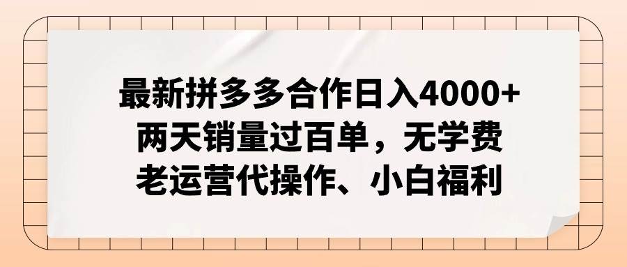 最新拼多多合作日入4000+两天销量过百单，无学费、老运营代操作、小白福利 - 福利搜 - 阿里云盘夸克网盘搜索神器 蓝奏云搜索| 网盘搜索引擎-福利搜